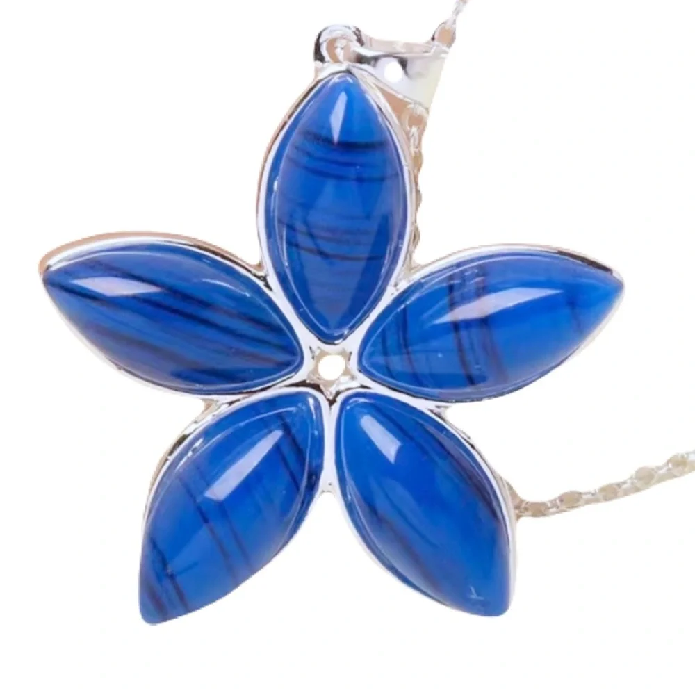 New Blue Stripe Agate Sterling Silver Boho Handmade Floral Daisy Necklace